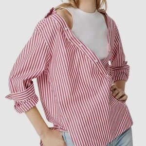 Maje Women's Red White Long-Sleeve Layered Striped Blouse Shirt Top size 3  US L